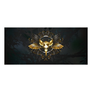 Tarjeta Publicitaria Cráneo de pájaro dorado sobre fondo negro