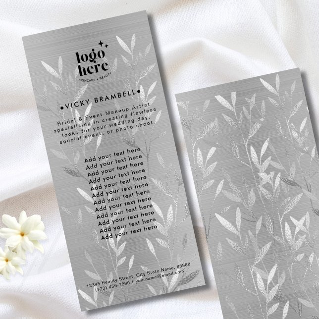 Tarjeta Publicitaria Delicadas hojas de plata falsa cepillado catálogo  (Delicate Silver Leaves Brushed Metal Catalog Rack Card)