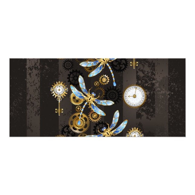 Tarjeta Publicitaria Dragoniscos de Steampunk sobre fondo rayado marrón (Frente)