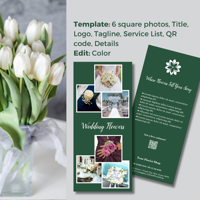 Tarjeta Publicitaria Elegancia Verde y Blanco 💐 Florista de Flores de  (Green & White Elegance 💐 Wedding Flowers Florist Rack Card)
