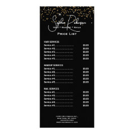 Tarjeta Publicitaria Elegant Black & Gold Glitter Price List Rack Card