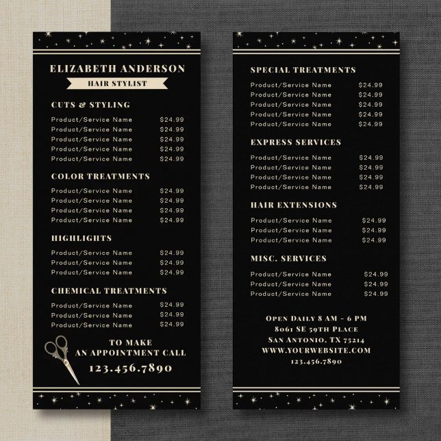 Tarjeta Publicitaria Elegant Hair Salon Black Price List (A vintage celestial hairstylist services price list card. Personalize it with your information.)