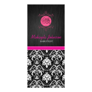 Tarjeta Publicitaria Elegante Damasco blanco y negro con cinta rosa