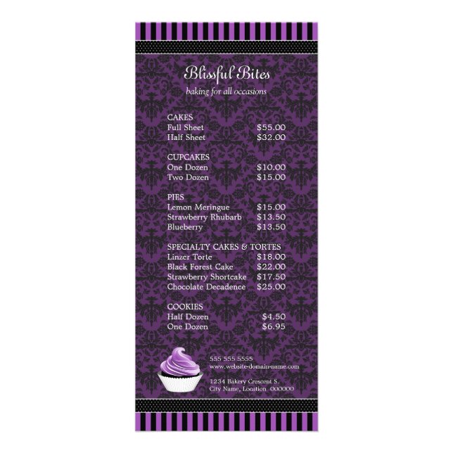 Tarjeta Publicitaria Elegante Damask Purple Cupcake Precio de la panade (Frente)