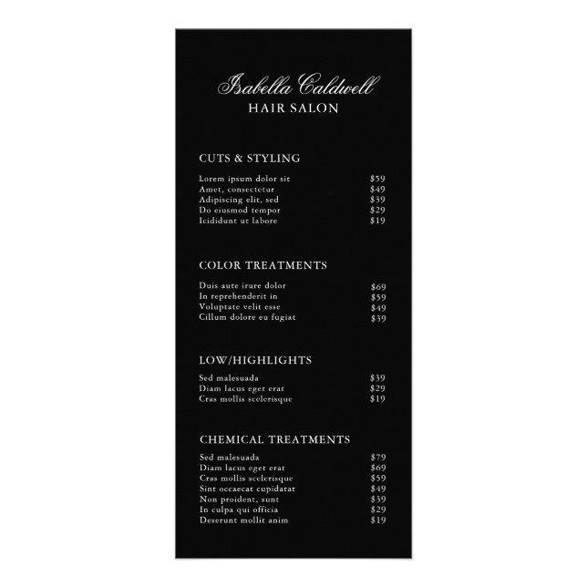 Tarjeta Publicitaria Elegante Hair Salon Black Price List (Frente)