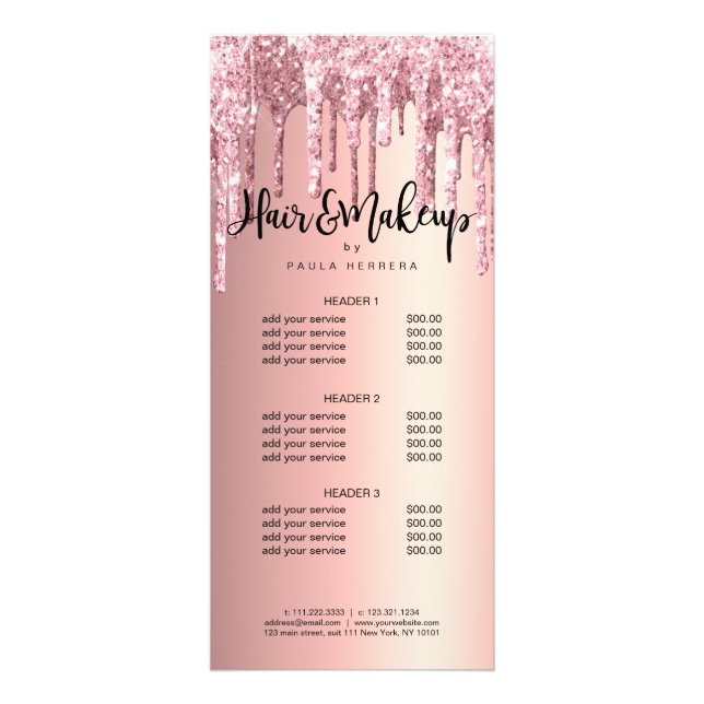 Tarjeta Publicitaria Elegante rosa de cobre purpurina dorado maquillaje (Frente)