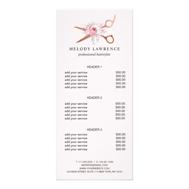 Tarjeta Publicitaria Elegante rosa de cobre tijeras de oro peinado (Frente)