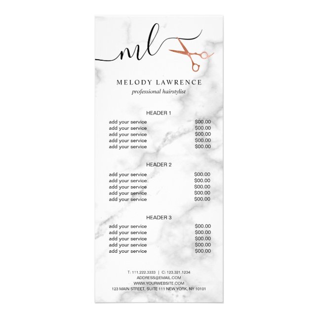 Tarjeta Publicitaria Elegante rosa de cobre tijeras de oro peinado (Frente)