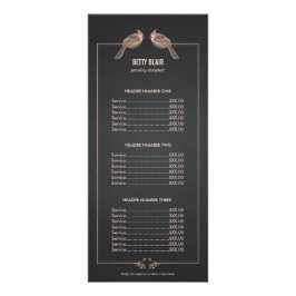 Tarjeta Publicitaria Elegante Rosa Gold Birds Chalkboard Price List