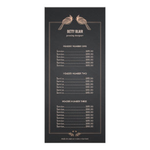 Tarjeta Publicitaria Elegante Rosa Gold Birds Chalkboard Price List