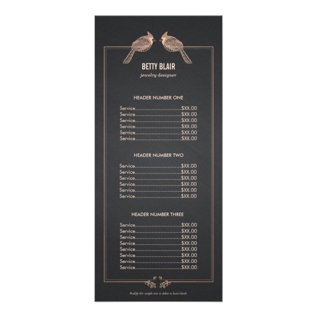 Tarjeta Publicitaria Elegante Rosa Gold Birds Chalkboard Price List (Frente)