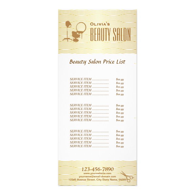 Tarjeta Publicitaria Faux Golden Wave Makeup Beauty Salon Price List (Frente)