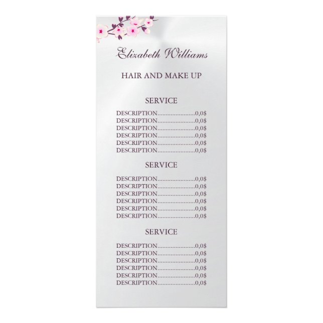 Tarjeta Publicitaria Floral Cerezo Blossom Pink Silver Service Precios (Frente)
