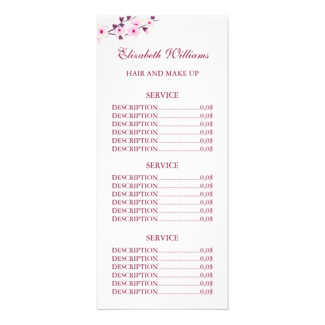 Tarjeta Publicitaria Floral Cerezo Blossom Pink White Service Precios (Frente)