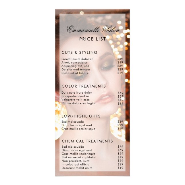 Tarjeta Publicitaria Foto moderna Beauty Hair Salon Price List (Frente)
