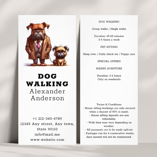 Tarjeta Publicitaria Funny Mascota Grumpy Caminando Perro sentado (Funny Grumpy Dog Walking Pet Sitting rack card )
