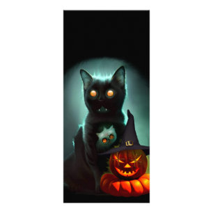 Tarjeta Publicitaria Gato de vampiros y mago calabaza Halloween Surreal