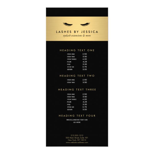 Tarjeta Publicitaria Glam Eyelash Black and Gold (Frente)