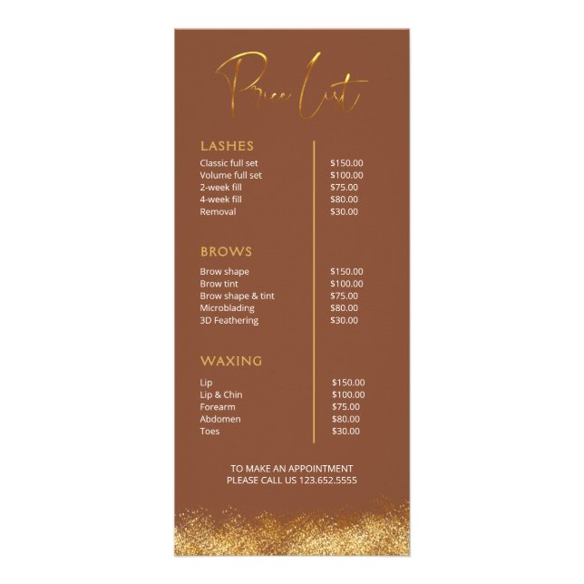 Tarjeta Publicitaria Gold & Brown Lash Tech Price List | Luxury Beauty  (Frente)