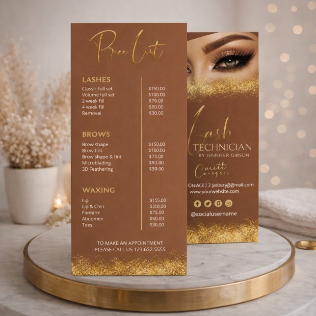 Tarjeta Publicitaria Gold & Brown Lash Tech Price List | Luxury Beauty  (Subido por el creador)