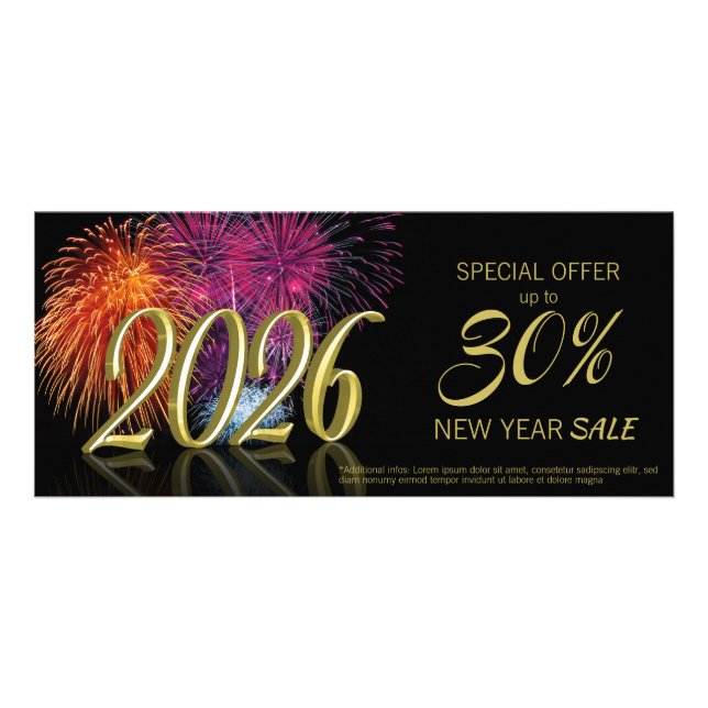 Tarjeta Publicitaria Gold Happy New Year 2026 Fireworks Discount Card (Frente)