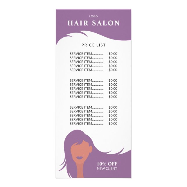Tarjeta Publicitaria Hair Salon Price List Purple Hairstylist Model (Frente)