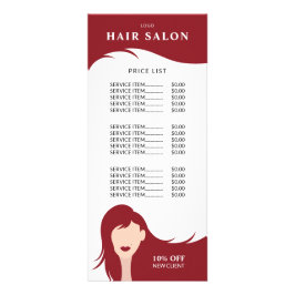 Tarjeta Publicitaria Hair Salon Price List Red Hairstylist Model