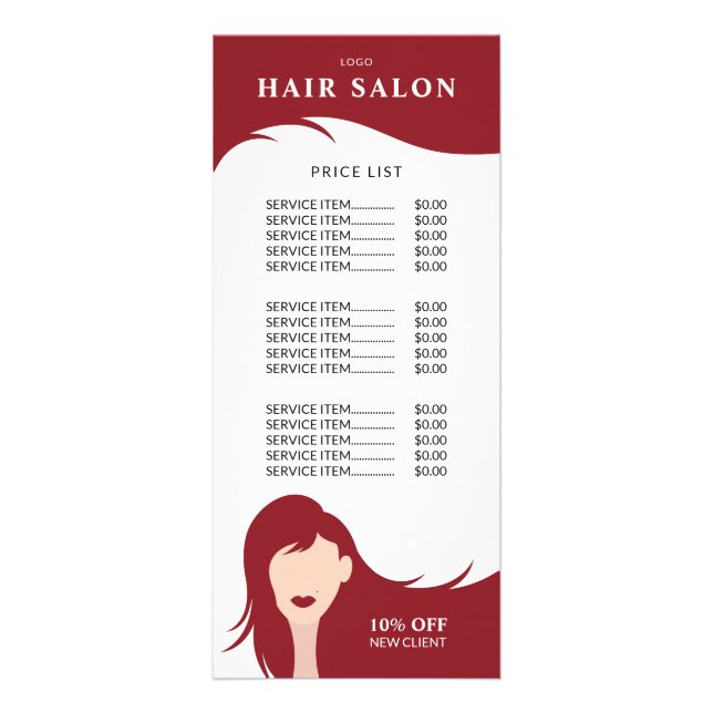 Tarjeta Publicitaria Hair Salon Price List Red Hairstylist Model (Frente)