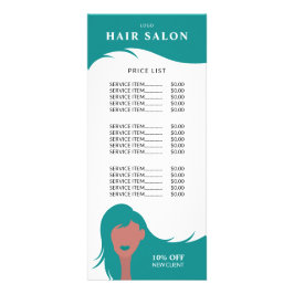 Tarjeta Publicitaria Hair Salon Price List Verde azulado Hairstylist Mo