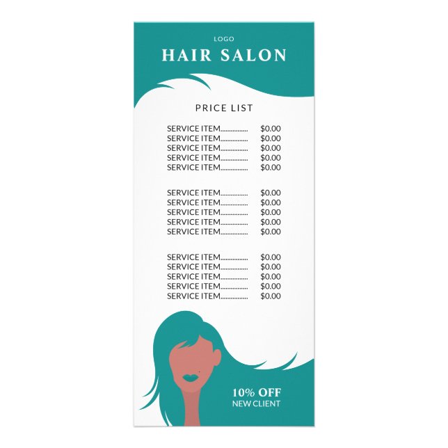 Tarjeta Publicitaria Hair Salon Price List Verde azulado Hairstylist Mo (Frente)
