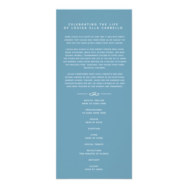 Tarjeta Publicitaria In our hearts funeral program white and blue (Frente)
