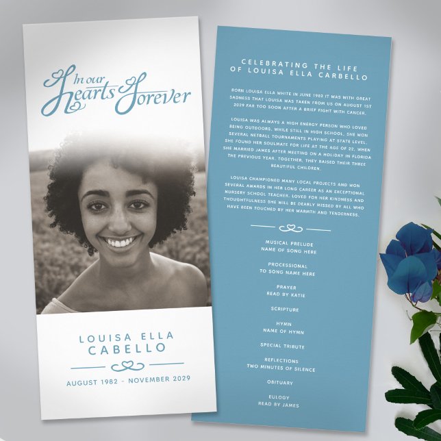 Tarjeta Publicitaria In our hearts funeral program white and blue (Subido por el creador)