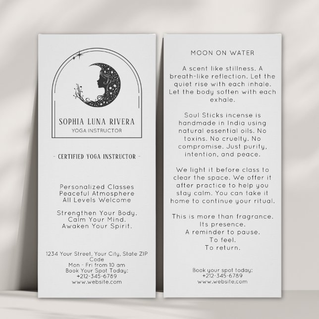 Tarjeta Publicitaria Instructor de Yoga de la Luna Celestial Boho Arch (Boho Arch Celestial Crescent Moon Yoga Instructor Rack Card)