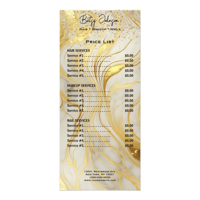 Tarjeta Publicitaria Ivory Marble & Gold Glitter Rack Card Price List (Frente)