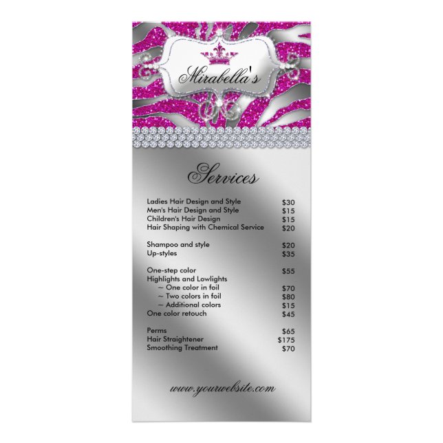 Tarjeta Publicitaria Jewelry Crown Rack Card Zebra Lujo Sparkle Pink (Frente)