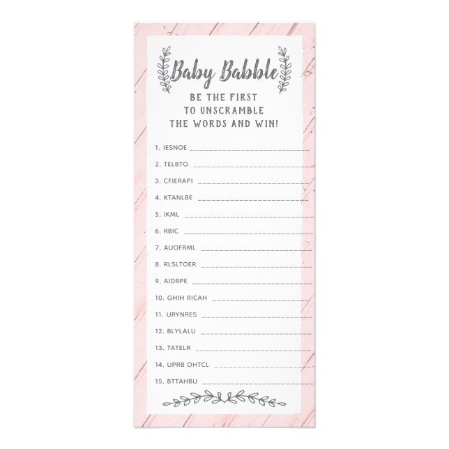 Tarjeta Publicitaria Juego de Baby Shower Word Scramble, 25 Pack (Frente)