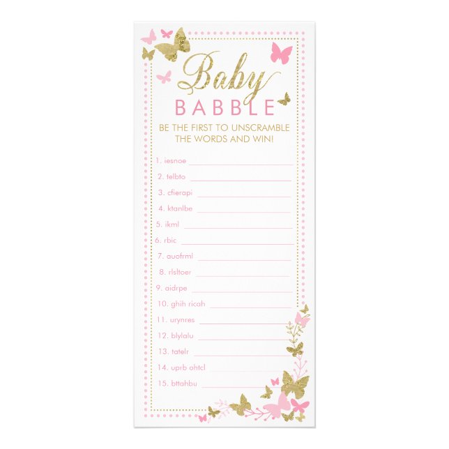 Tarjeta Publicitaria Juego de Baby Shower Word Scramble, mariposas (Frente)