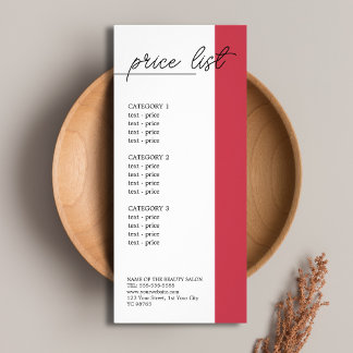 Tarjeta Publicitaria Lista de precios de belleza de línea roja blanca m