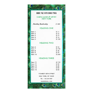 Tarjeta Publicitaria Lista de precios de plumas de pavo real verde bril