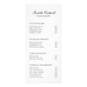 Tarjeta Publicitaria Lista de precios de salón de belleza negro y blanc
