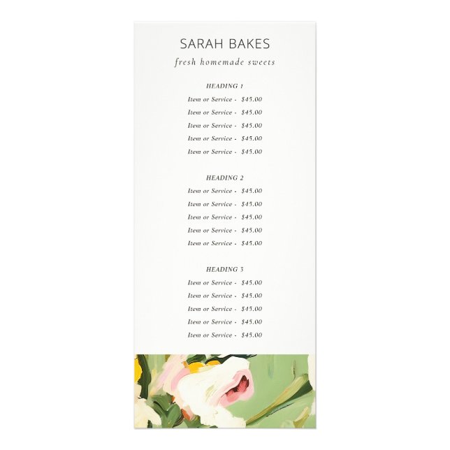 Tarjeta Publicitaria Lista de precios floral pintada de verde y rosa bo (Atrás)
