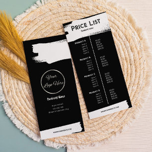 Tarjeta Publicitaria lista de precios urbana negra masculina y moderna