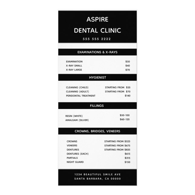 Tarjeta Publicitaria Lista moderna de precios de los dentistas ortodonc (Frente)