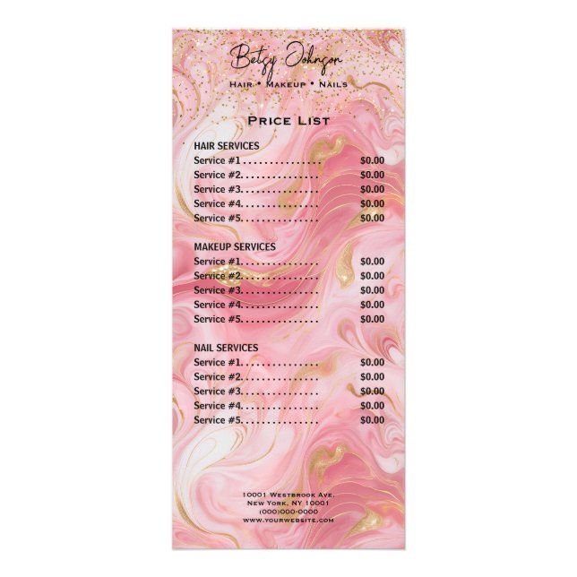 Tarjeta Publicitaria Luxury Pink and Gold Marbled Rack Card Price List (Frente)