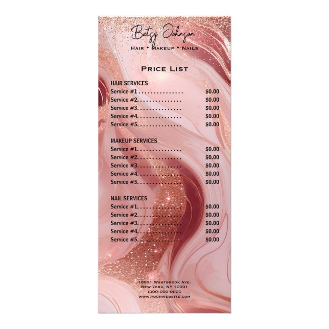 Tarjeta Publicitaria Luxury Rose Gold Glitter Rack Card Price List (Frente)