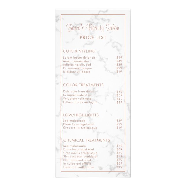 Tarjeta Publicitaria Marble Rosa Gold Moderno Beauty Salon Price List (Frente)