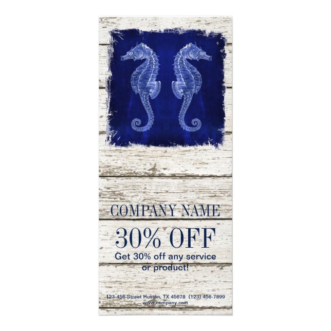 Tarjeta Publicitaria moda de playa leña deriva caballito de mar azul ná (Frente)