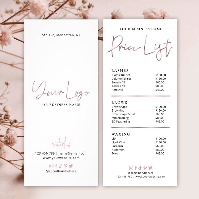 Tarjeta Publicitaria Moda Rosa Gold Salon Price List of Services (Subido por el creador)