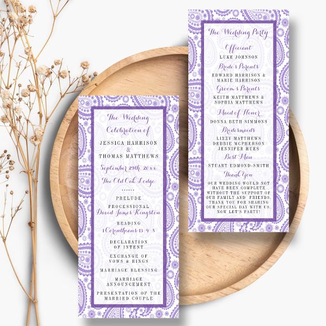 Tarjeta Publicitaria Modern Purple Paisley Wedding Program (Subido por el creador)