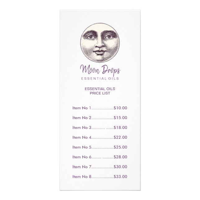 Tarjeta Publicitaria Moon Drops Essential Oils Price List (Frente)